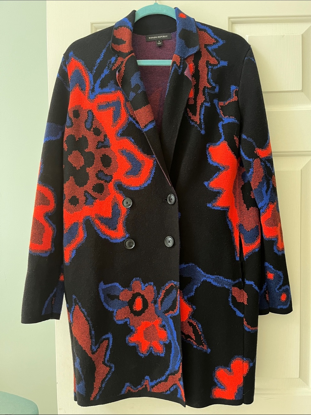 NWOT Banana Republic Black Coat Sweater with Red & Blue Floral Pattern